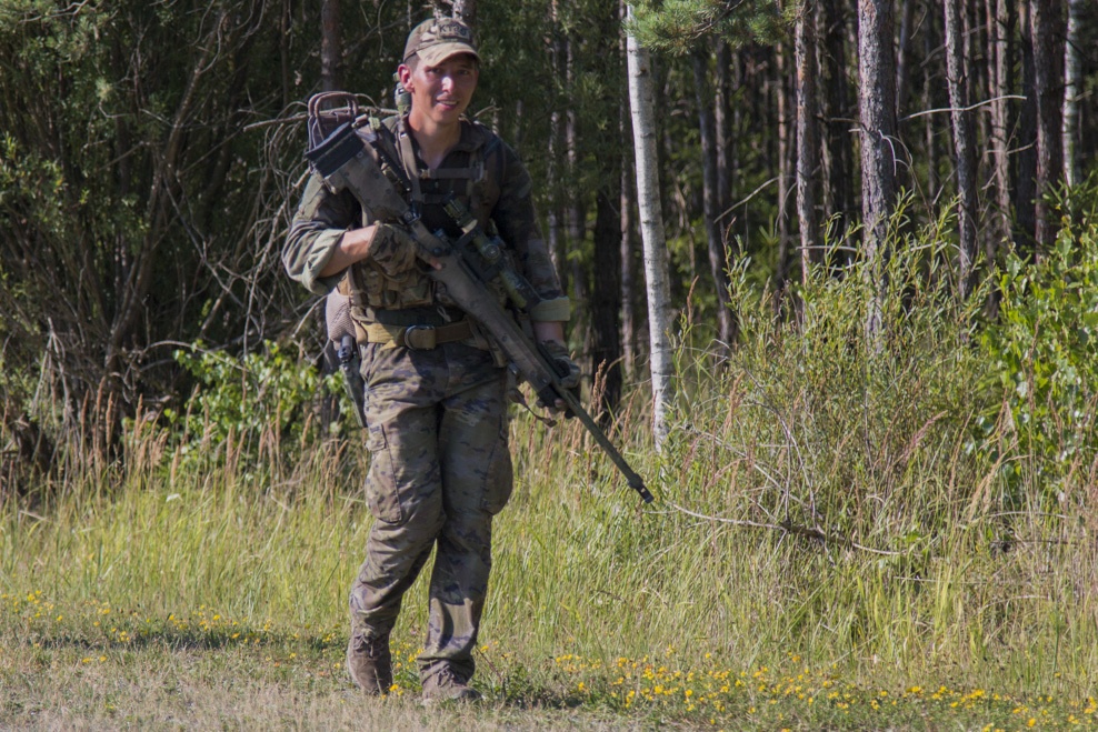 Cpl. Andres Nanez, From Spain, rucks through Grafenwoehr during the European Best Sniper Competition, Grafenwoehr, Germany, July 25, 2019.