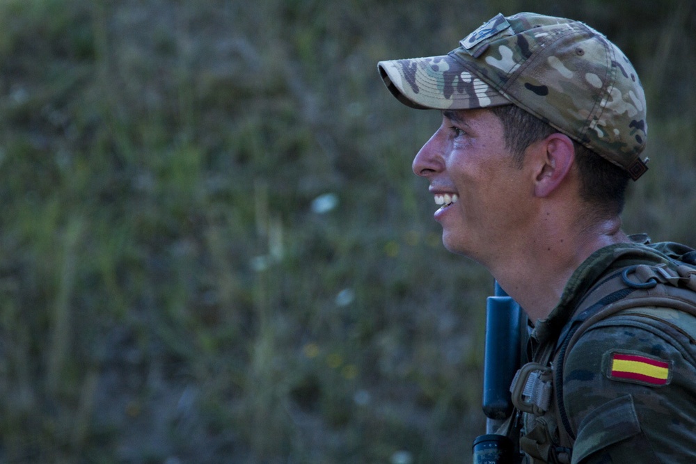 Cpl. Andres Nanez completes the ruck march for the European Best Sniper Competition, Grafenwoehr, Germany, July 25, 2019.