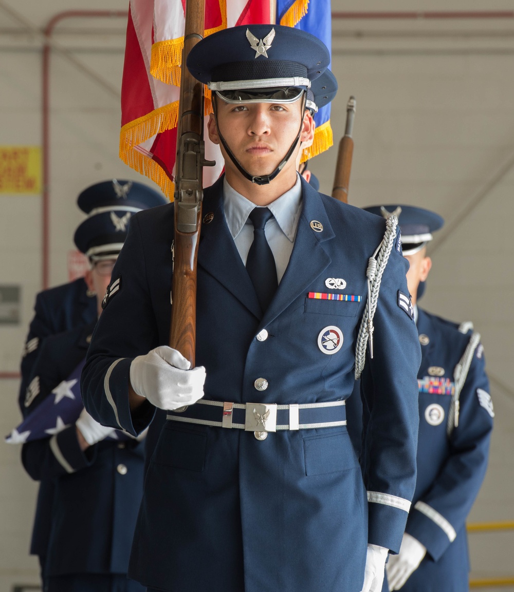 Whiteman AFB Honor Guardsman leads Colors Detail during ceremony practice