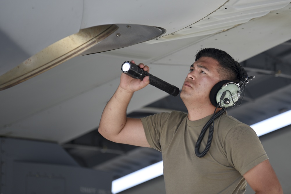 73rd AMU Air Commandos perform post-flight inspection on AC-130J Ghostrider gunship