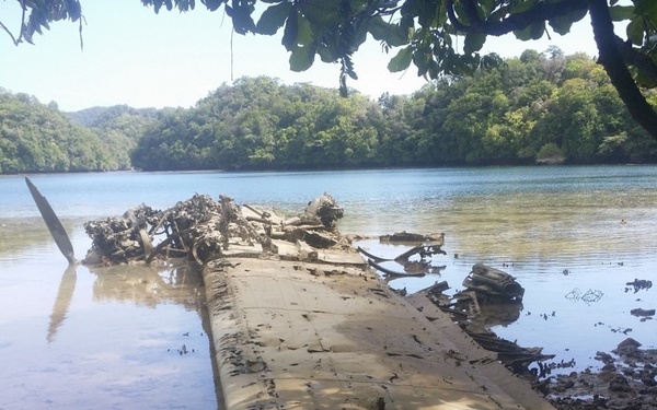 The image shows the wreckage of what appears to be a WWII-era aircraft lying partially submerged in shallow coastal or estuarine waters, with its wing or fuselage section visible above the waterline. The wreck is heavily corroded and deteriorated, covered in mud, marine growth, and oxidized metal. The tropical setting, with dense green vegetation and calm water, suggests a Pacific island location.