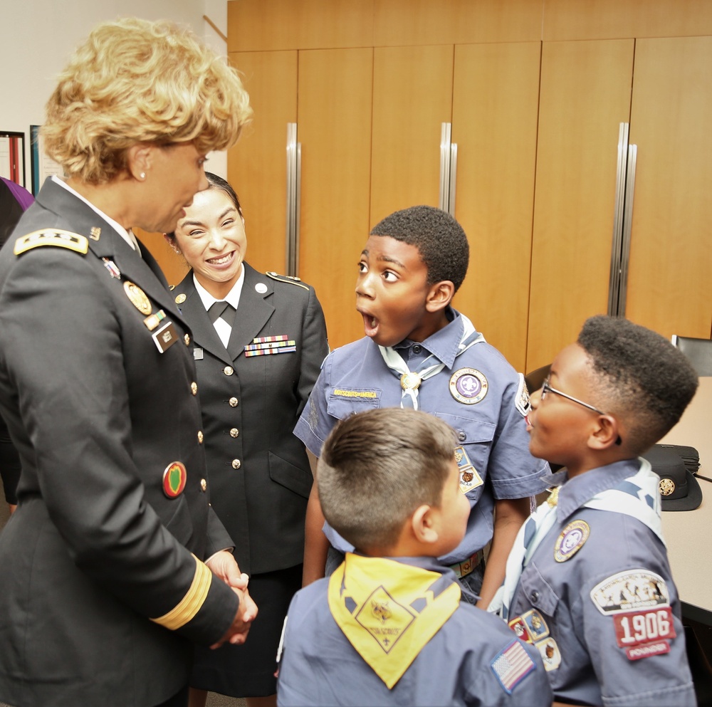Surgeon General of the Army Lieutenant General Nadja West Chats It Up with Boy Scouts at Ceremony