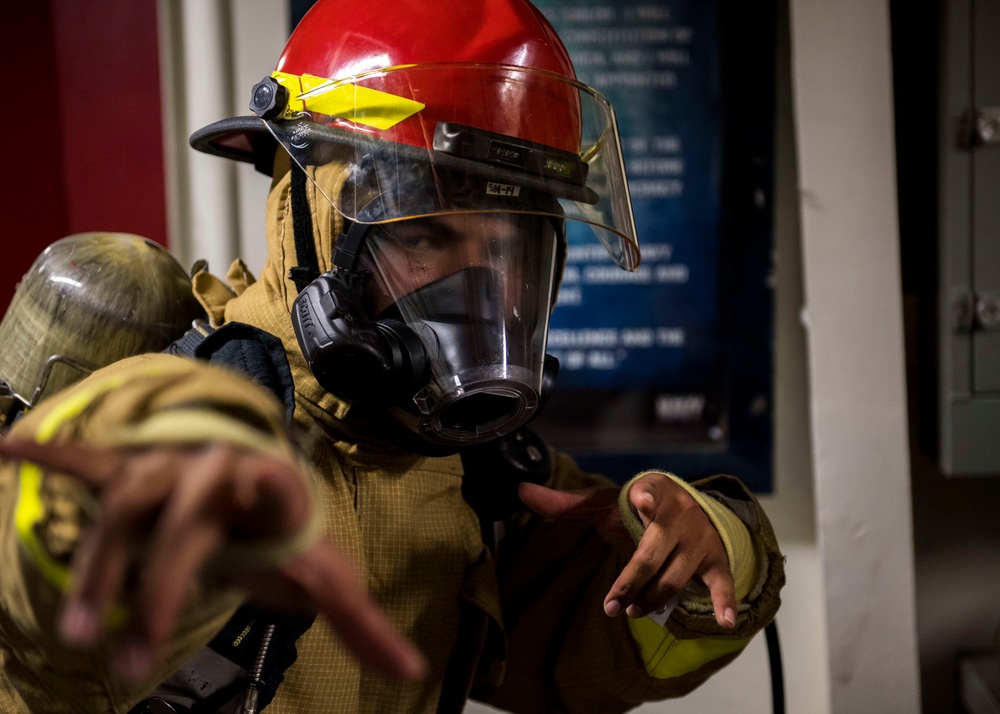 USS Makin Island begins a main space fire drill.