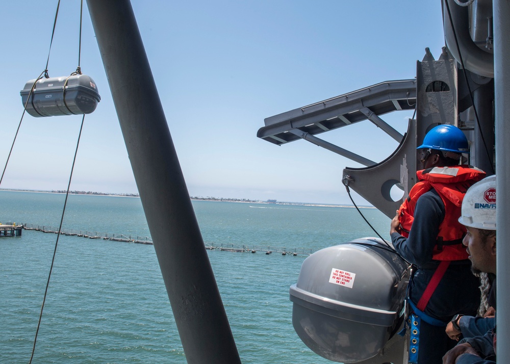 USS Makin Island installs life rafts onboard.