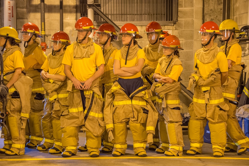 Officer Development School (ODS) class 19-050 here at Officer Training Command, Newport, Rhode Island, conduct shipboard firefighting training July 30, 2019.