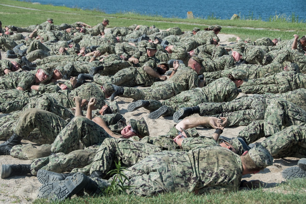 Officer Candidate School (OCS) class 17-19 here at Officer Training Command, Newport, Rhode Island, (OTCN) conduct performance reinforcement training on July 31, 2019.