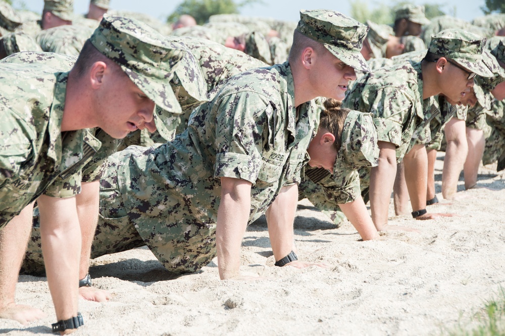 Officer Candidate School (OCS) class 17-19 here at Officer Training Command, Newport, Rhode Island, (OTCN) conduct performance reinforcement training on July 31, 2019.