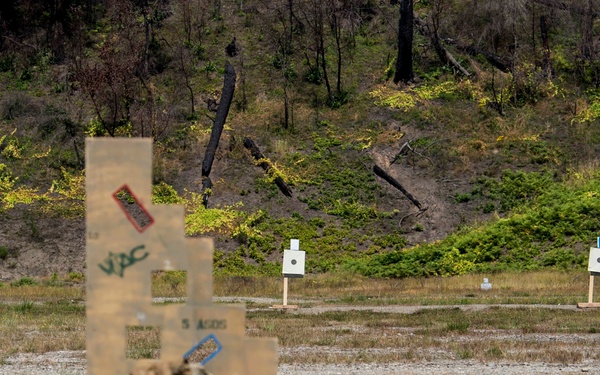 A soldier in camouflage uniform and helmet is taking a kneeling or prone firing position behind a large cardboard barricade on a military shooting range. Multiple white paper targets on wooden stakes are visible downrange at varying distances. The setting appears to be an outdoor live-fire training range with a hillside backdrop showing mixed vegetation.