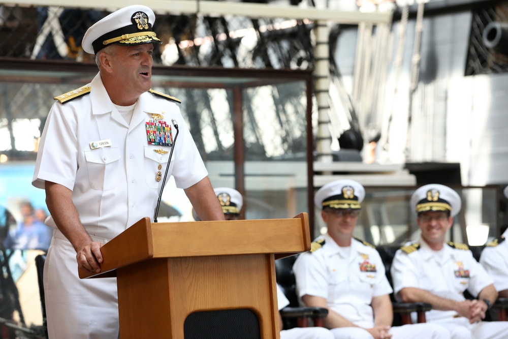 Commander, Naval Special Warfare Command, Rear Adm. Collin P. Green delivers remarks during the change of office ceremony.