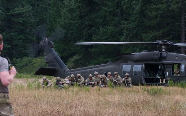 A United States Army UH-60 Black Hawk helicopter has landed in an open grassy field, with multiple soldiers in full combat gear crouching near the aircraft in a tactical formation. A single soldier in the foreground, wearing camouflage pants and a gray t-shirt, holds a radio and observes the operation. The setting appears to be a military training exercise conducted in a forested area.