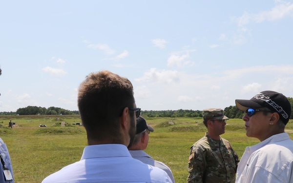 Distinguished civilian and military leaders visit the training sites for combined arms exercise Patriot Crucible at Camp Edwards August 3.