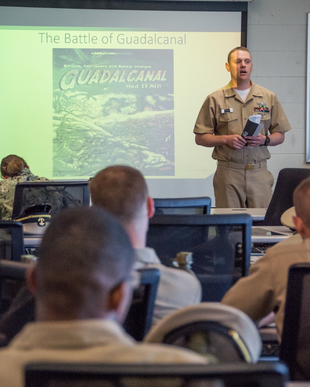 Officer Candidate School (OCS) class 15-19 here at Officer Training Command, Newport, Rhode Island, (OTCN) conduct student-led presentations about U.S. Naval history on Aug. 5, 2019.