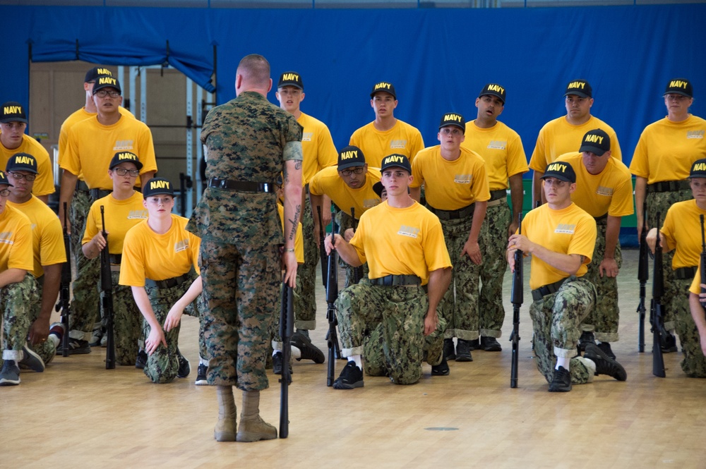 Officer Candidate School (OCS) class 01-20, here at Officer Training Command, Newport, Rhode Island, (OTCN) practices drill and ceremony on Aug. 5, 2019.