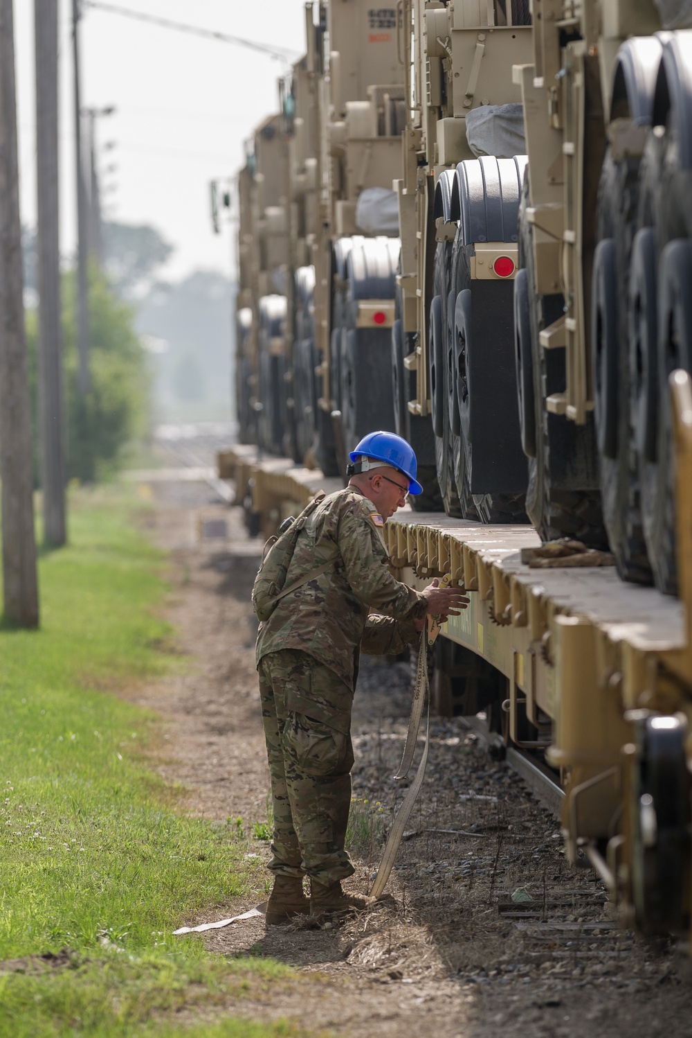Soldiers from the 1158th Transportation Company Wisconsin National Guard conduct rail loading operations