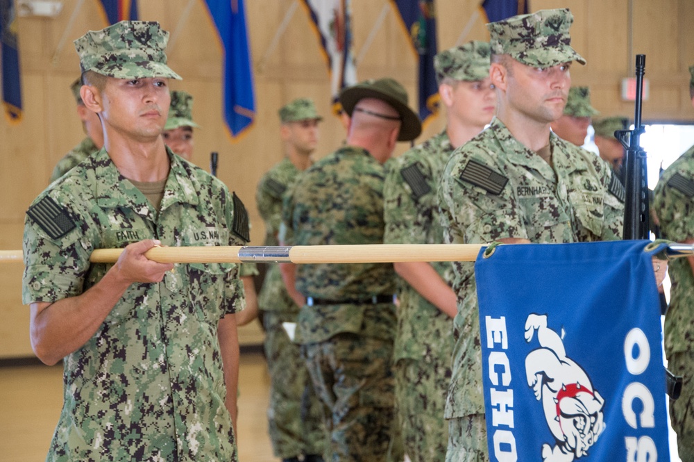 Echo and Foxtrot Company of Officer Candidate School (OCS) class 17-19, competes against each other in a drill ceremony competition here at Officer Training Command, Newport, Rhode Island, (OTCN) on Aug. 8, 2019.