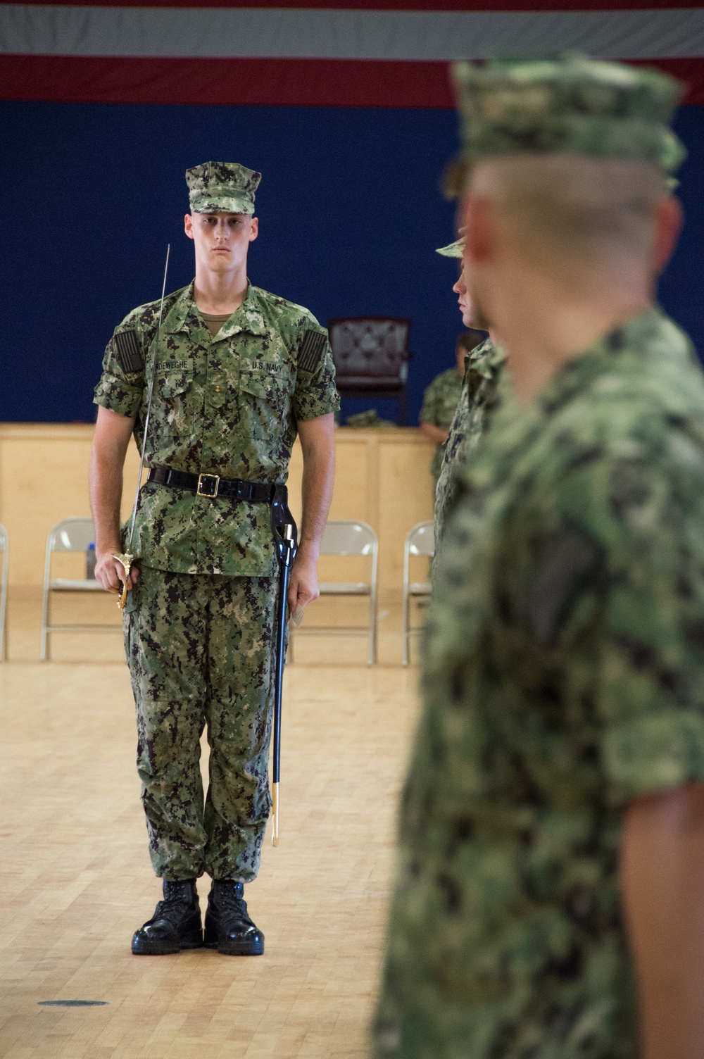 Echo and Foxtrot Company of Officer Candidate School (OCS) class 17-19, competes against each other in a drill ceremony competition here at Officer Training Command, Newport, Rhode Island, (OTCN) on Aug. 8, 2019.