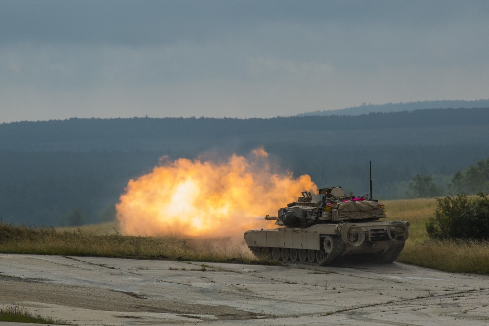 M1A2 Abram tank Troops fire live ammunition during a Combined Resolve training exercise in Grafenwoehr Training Area, August, 8, 2019.