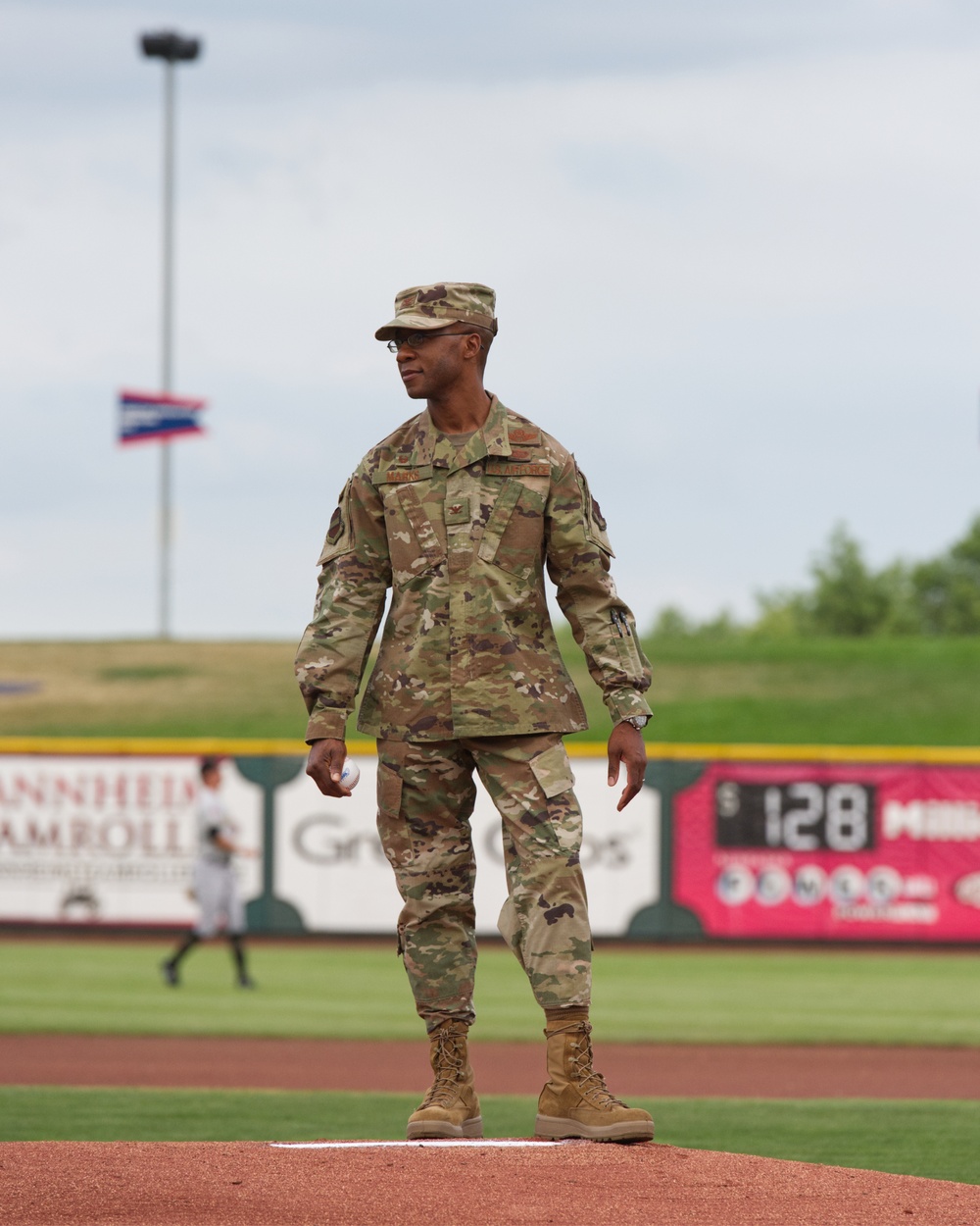 55th Wing Commander throws first pitch at Omaha Storm Chasers game