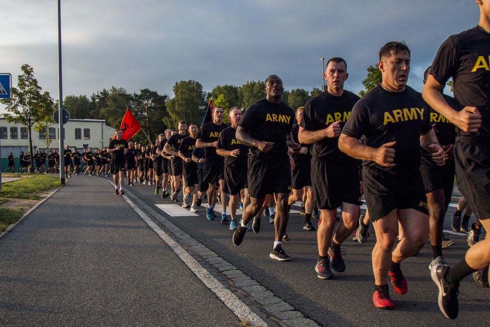 Soldiers from 7th Army Training Command (7 ATC) run in formation during a Jäger Run in Grafenwoehr, Germany, August 16, 2019.