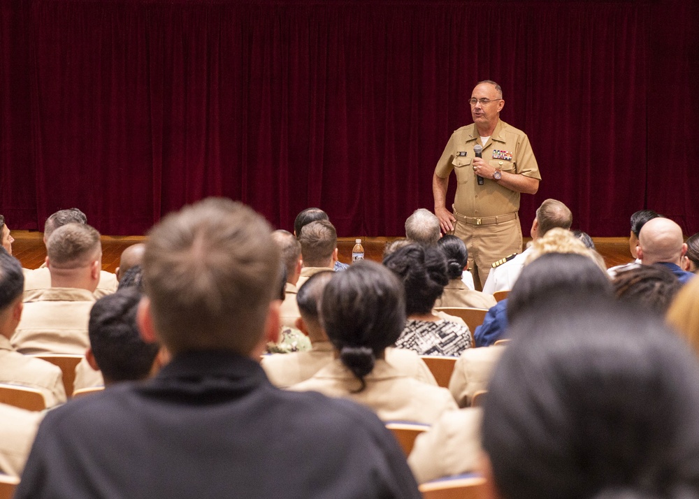Vice Adm. Forrest Faison, Navy surgeon general and chief, U.S. Navy Bureau of Medicine and Surgery, speaks with Sailors assigned to Naval Medical Center San Diego (NMCSD) during an admiral’s call.