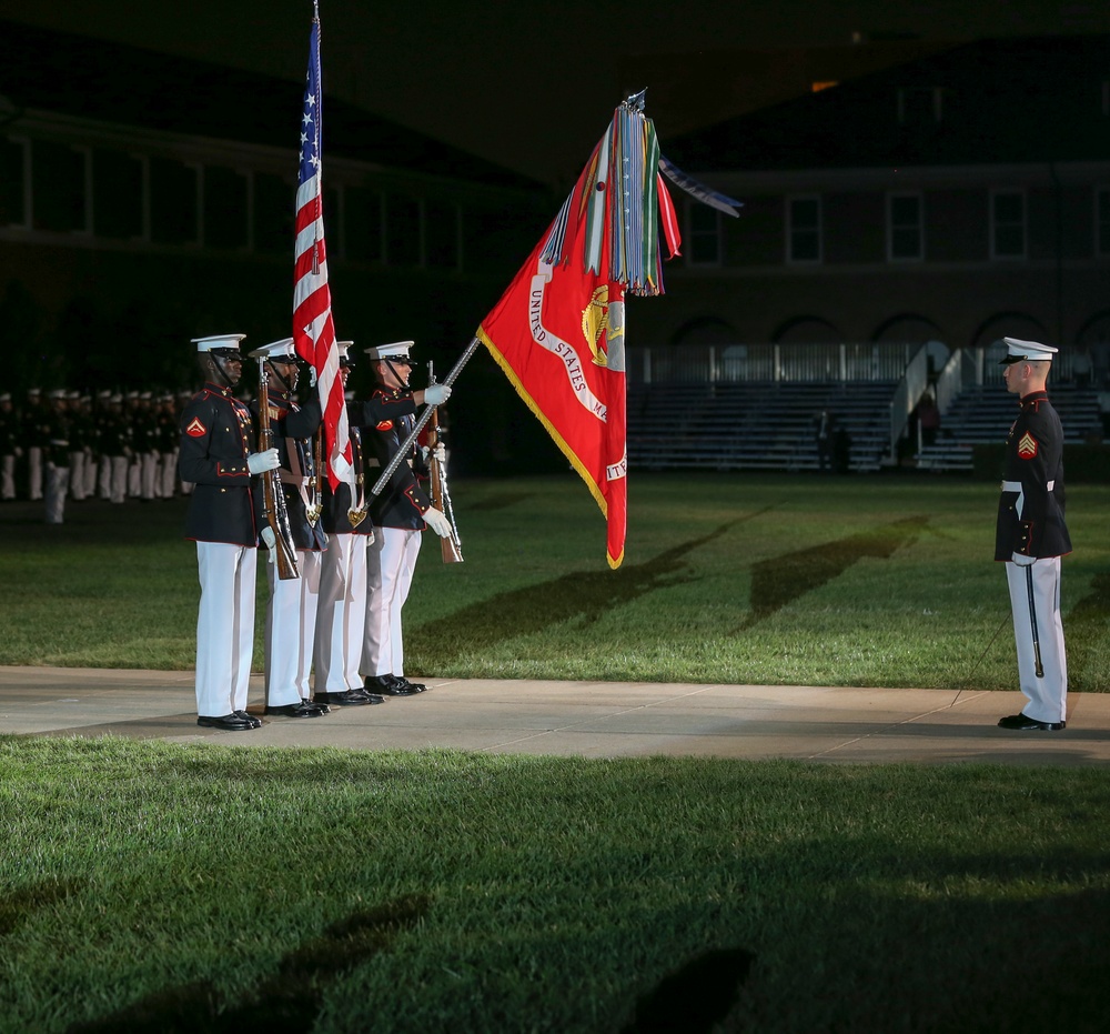 Marines march in Noncommissioned Officer Friday Evening Parade