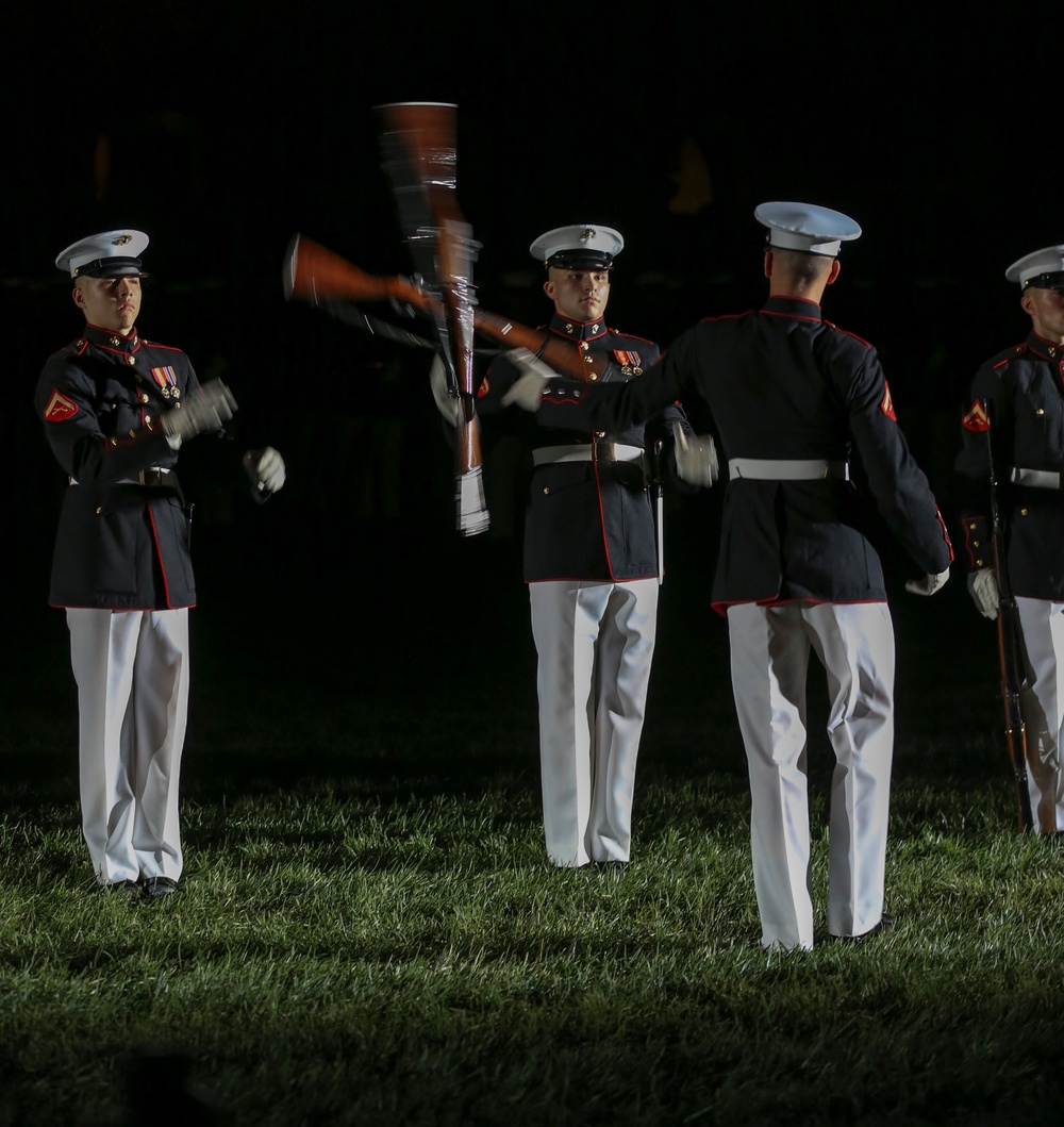 Marines march in Noncommissioned Officer Friday Evening Parade