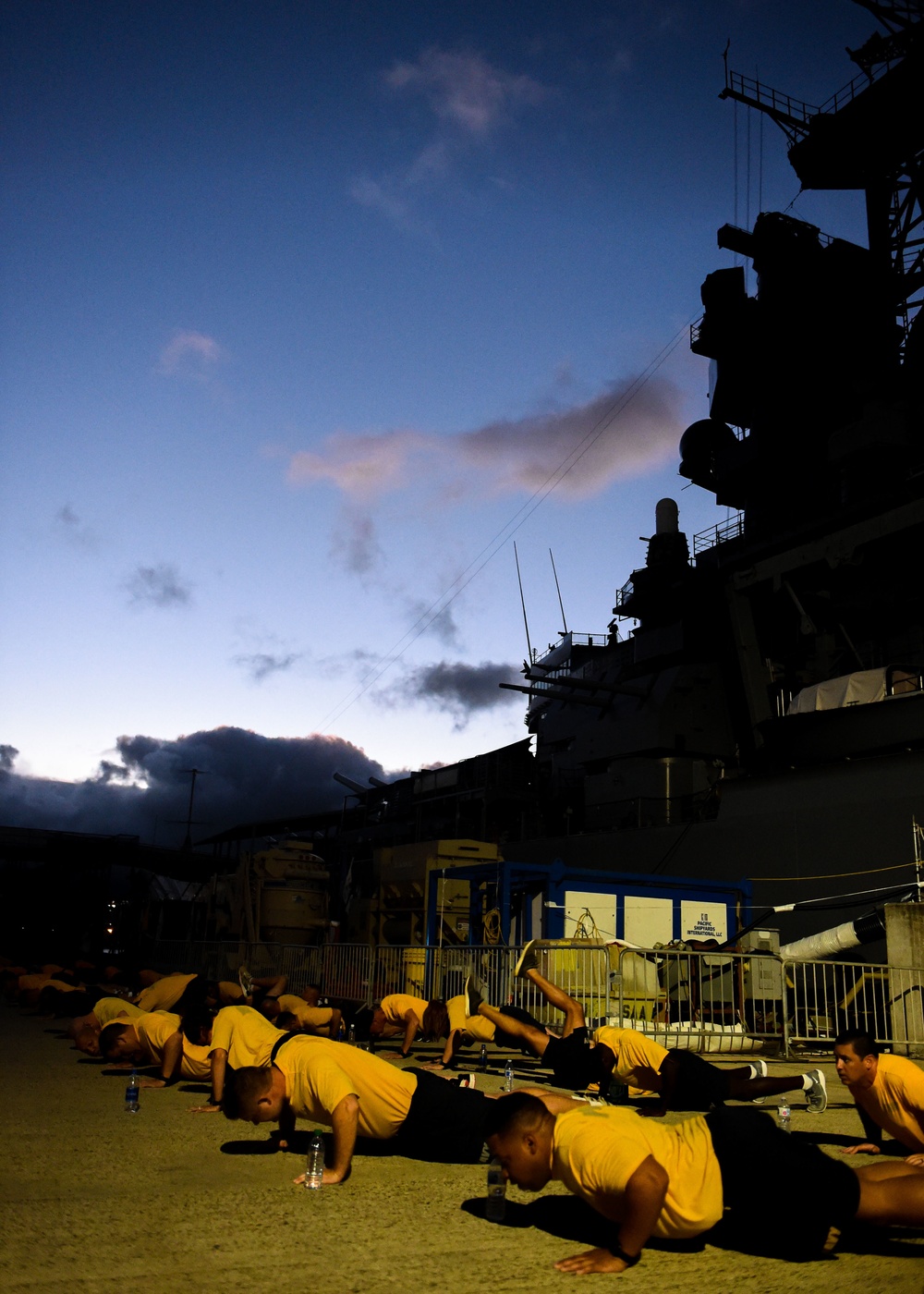 Future Chief Petty Officers Exercise in Front of Mighty Mo