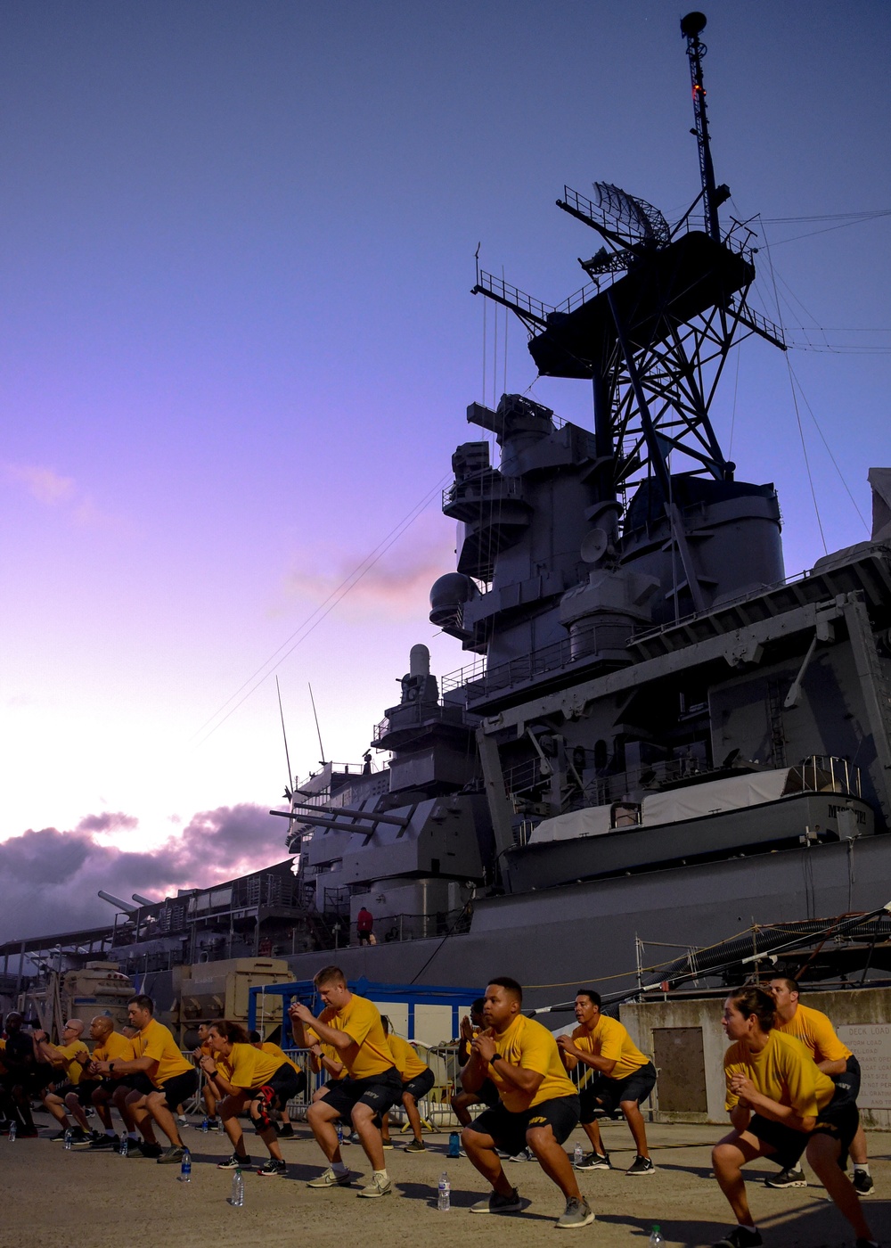 Future Chief Petty Officers Exercise in Front of Mighty Mo