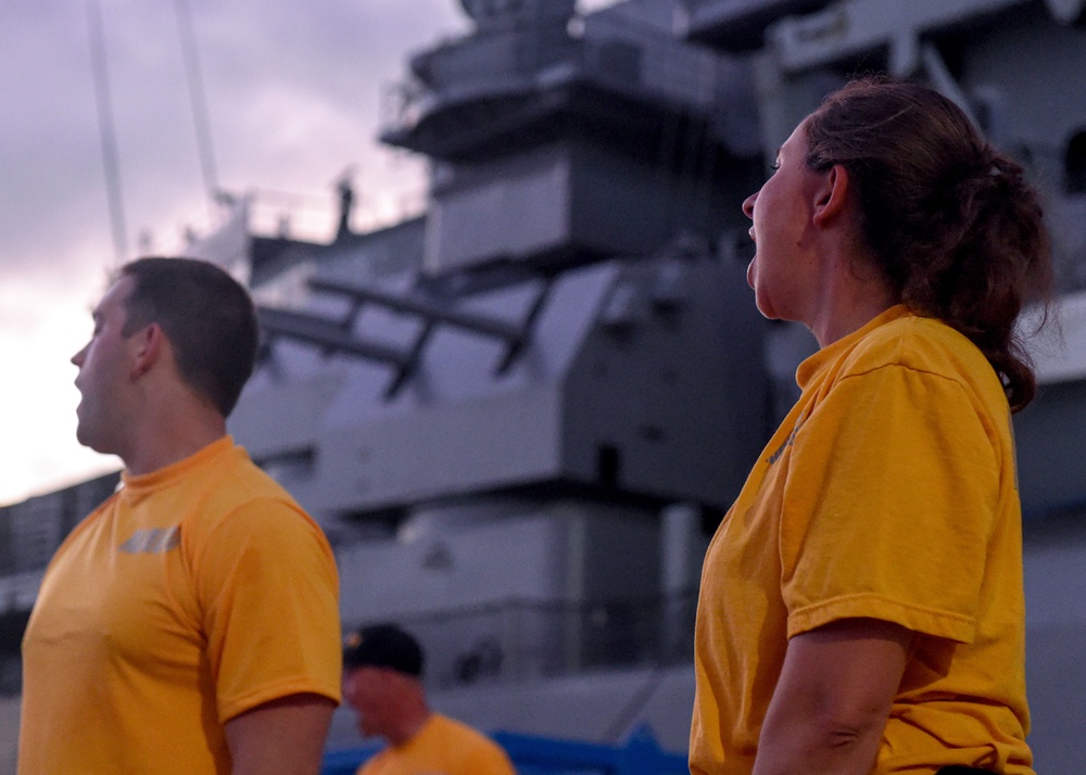 Future Chief Petty Officers Exercise in Front of Mighty Mo