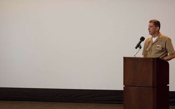 Vice Adm. David Kriete, deputy commander of U.S. Strategic Command (USSTRATCOM), holds an all hands call with Bangor Sailors Aug. 22