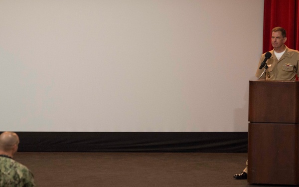 Vice Adm. David Kriete, deputy commander of U.S. Strategic Command (USSTRATCOM), holds an all hands call with Bangor Sailors Aug. 22