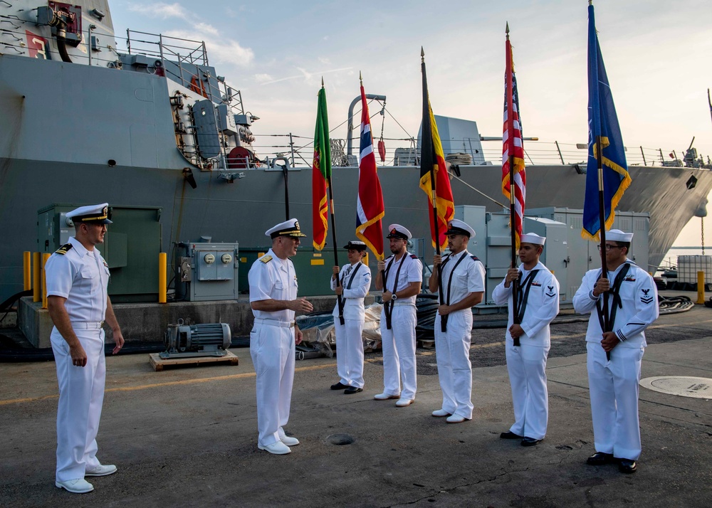 Rear Adm. Edward Cashman Speaks with SNMG1 Color Guard