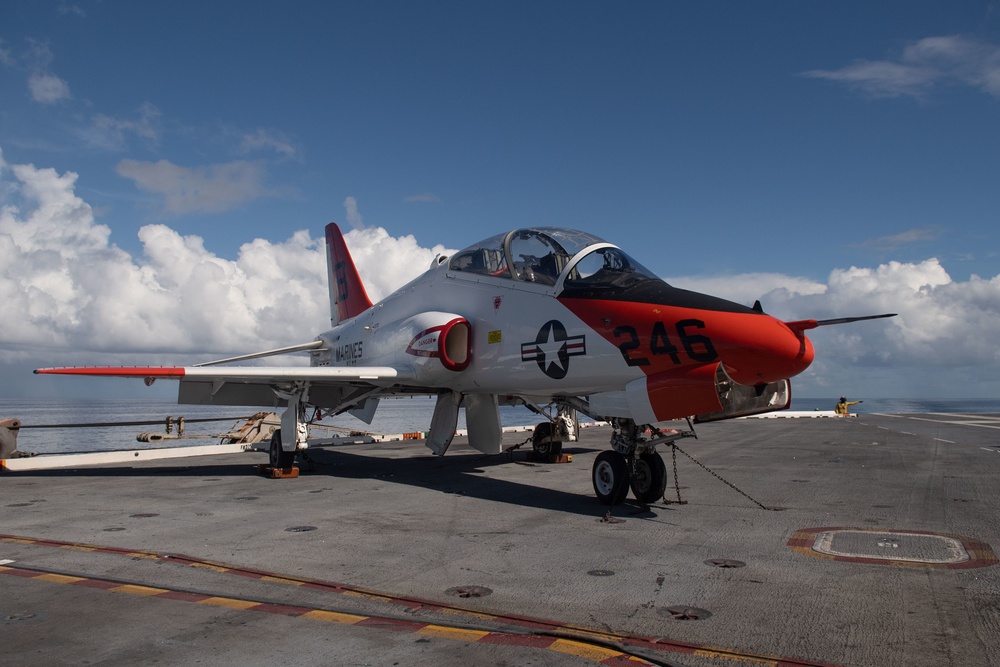 A T-45C Goshawk training aircraft, assigned to Training Air Wing (TW) 2, sits chalked, and chained on the flight deck