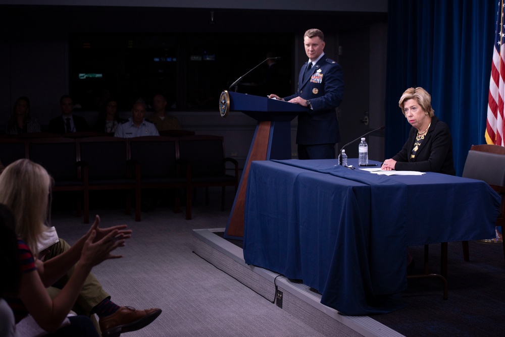 Under Secretary of Defense for Acquisition and Sustainment Ellen M. Lord holds a press briefing