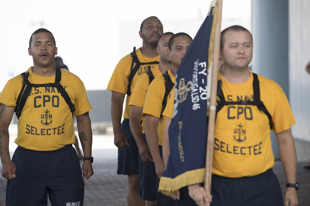 USS Tortuga CPO Selects compete in cadence and guidon competition