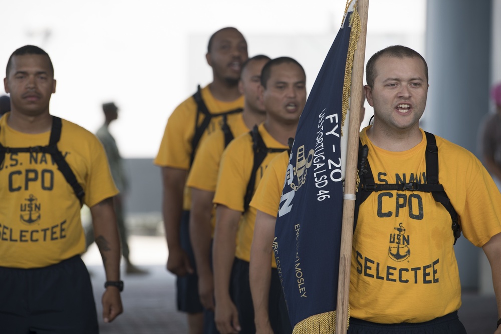 USS Tortuga (LSD-46) CPO Selects compete in cadence and guidon competition