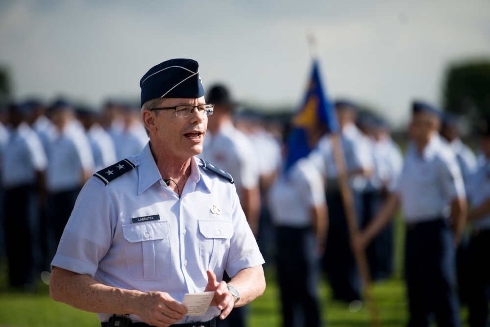 Major Gen. LaBrutta reviews BMT graduation one last time