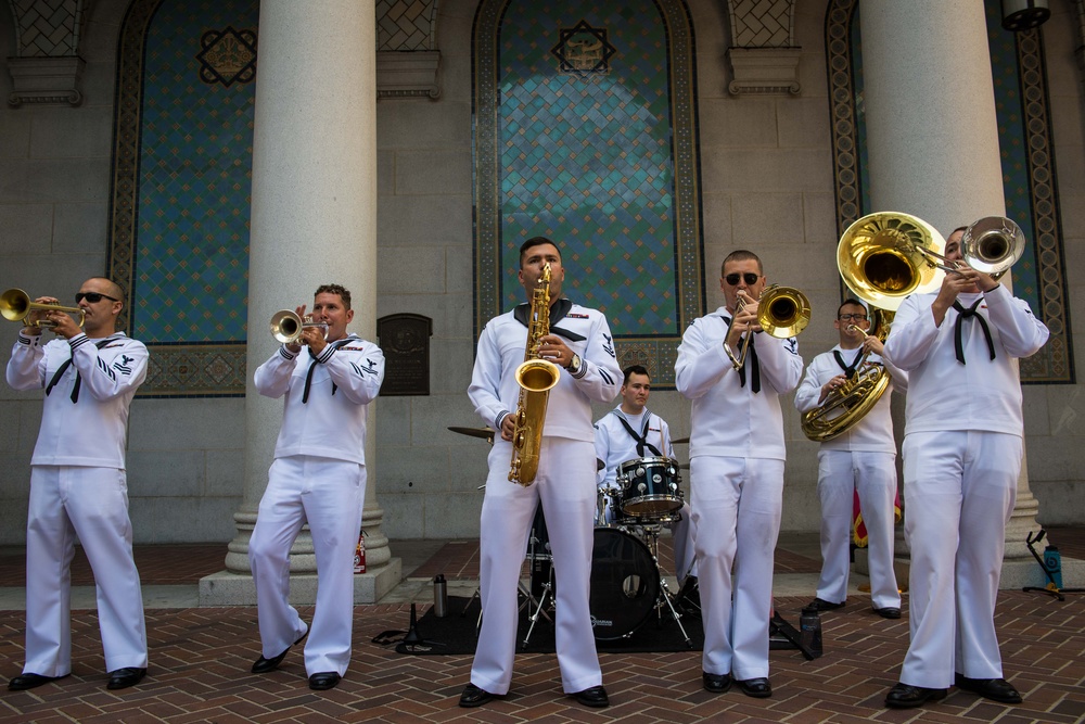 U.S. Navy Band Southwest, 32nd Brass Band perform at LA County City Hall during LAFW