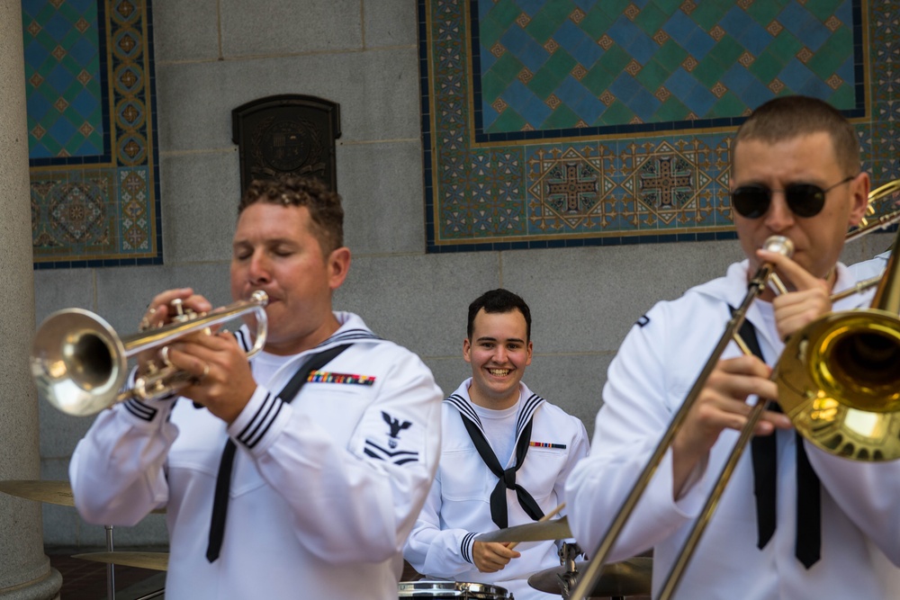 U.S. Navy Band Southwest, 32nd Brass Band perform at LA County City Hall during LAFW