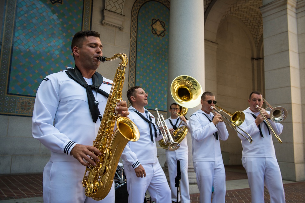 U.S. Navy Band Southwest, 32nd Brass Band perform at LA County City Hall during LAFW