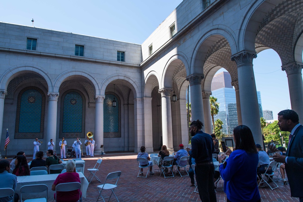 U.S. Navy Band Southwest, 32nd Brass Band perform at LA County City Hall during LAFW