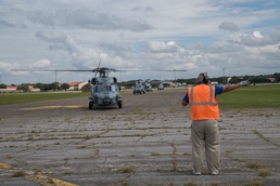 Maxwell AFB receives Navy MH-60R helicopters from Naval Air Station Jacksonville and Naval Station Mayport in advance of Hurricane Dorian