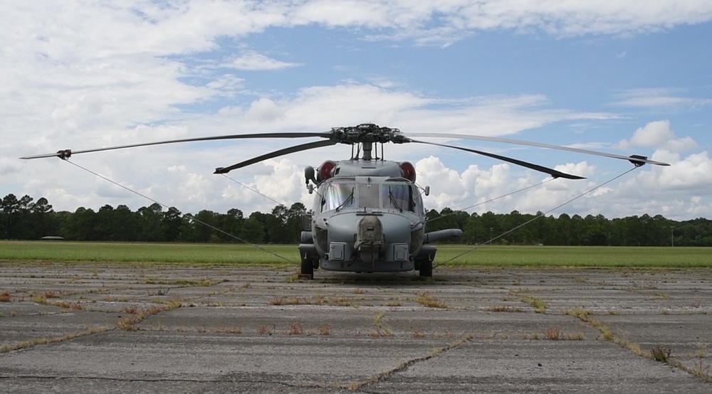 Maxwell AFB receives Navy MH-60R helicopters from Naval Air Station Jacksonville and Naval Station Mayport in advance of Hurricane Dorian