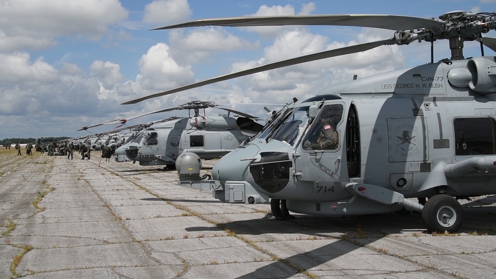 Maxwell AFB receives Navy MH-60R helicopters from Naval Air Station Jacksonville and Naval Station Mayport in advance of Hurricane Dorian