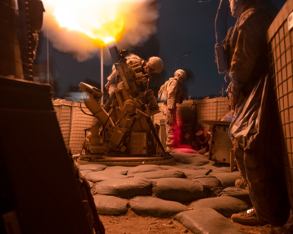 Marines supporting OIR fire mortars during training
