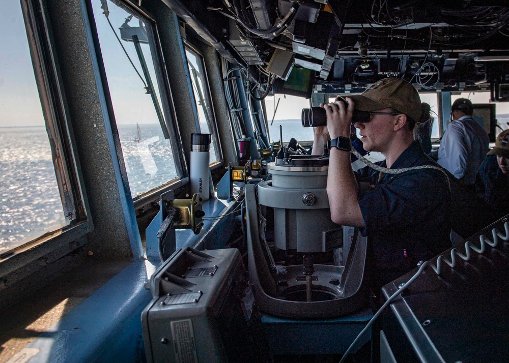 USS Gridley Sailors Looks out from Pilothouse