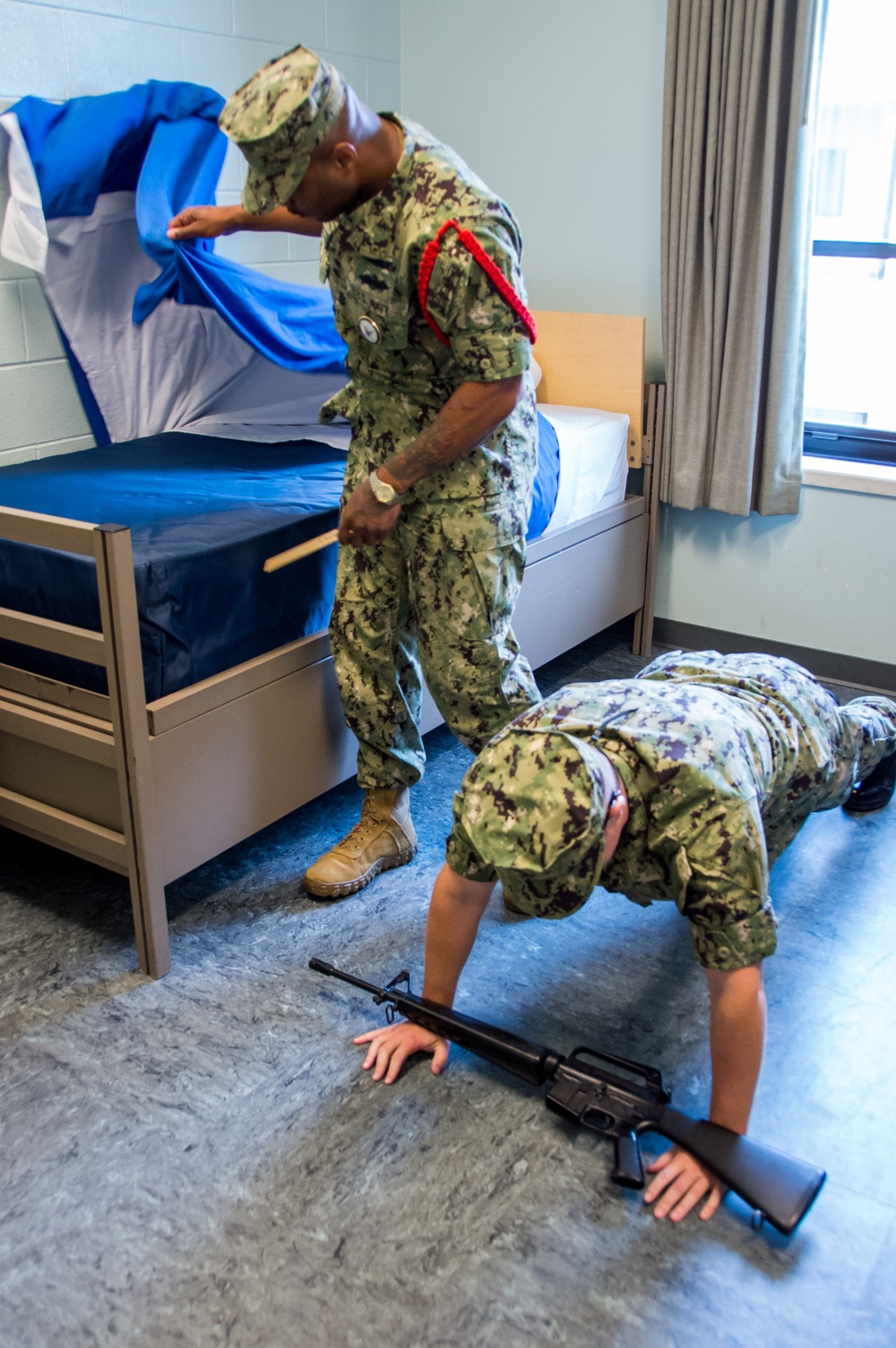 Recruit Division Commanders (RDC) here at Officer Training Command in Newport, Rhode Island (OTCN) conduct room inspections as part of the Room, Locker and Personnel (RLP) inspection for Officer Candidate School (OCS) class 02-20 on Sept. 5, 2019.