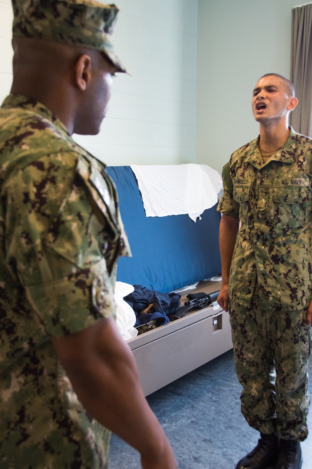 Recruit Division Commanders (RDC) here at Officer Training Command in Newport, Rhode Island (OTCN) conduct room inspections as part of the Room, Locker and Personnel (RLP) inspection for Officer Candidate School (OCS) class 02-20 on Sept. 5, 2019.