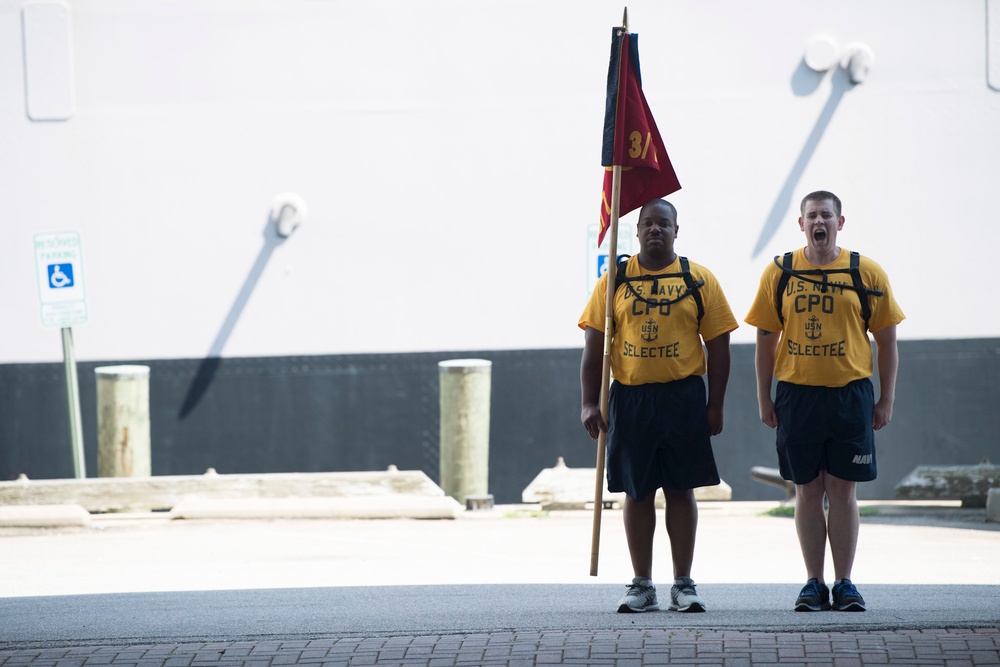 USS Jason Dunham (DDG-109) CPO Selects compete in cadence and guidon competition