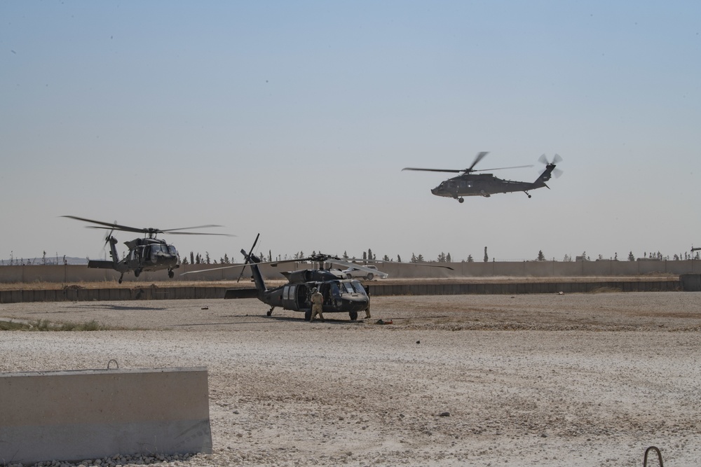 Black Hawk helicopters fly over Security Mechanism